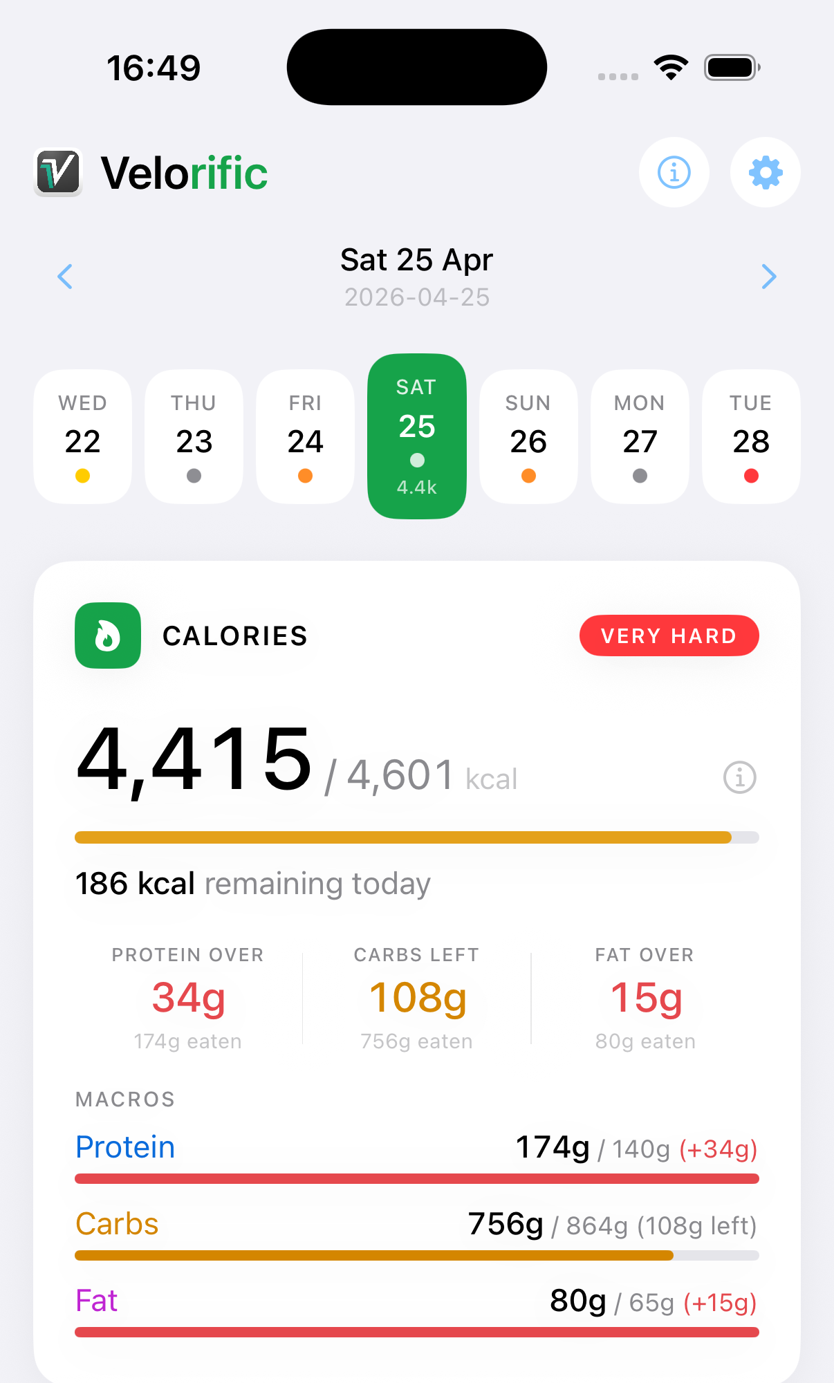 Velorific iOS dashboard for a cyclist showing today's adaptive calorie target, macro split, and 30-day target balance trend.